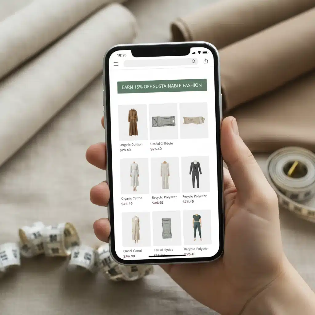 Main tenant un smartphone avec une offre de réduction de 15% sur la mode durable, symbolisant les économies.