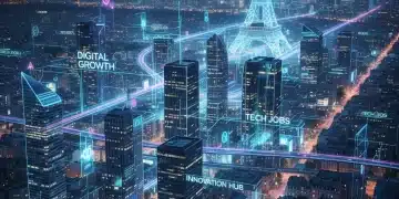 Marché de l'emploi numérique France 2026 : Croissance et Opportunités Paysage urbain numérique futuriste de Paris, symbolisant la croissance de l'emploi numérique en France d'ici 2026.