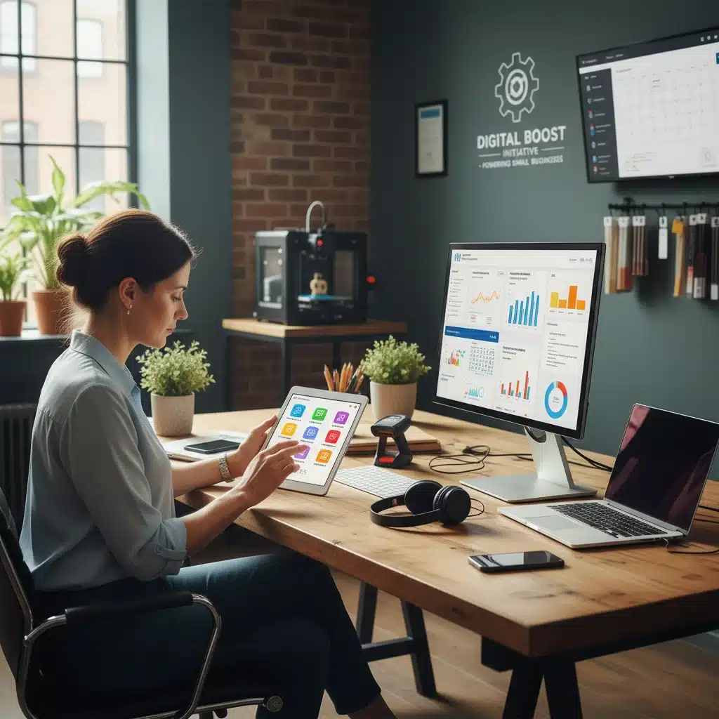 Entrepreneur utilisant une tablette pour gérer son entreprise, illustrant la digitalisation concrète.