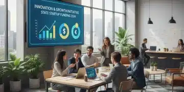 Entrepreneurs collaborant dans un espace de co-working, symbolisant l'innovation et le soutien de l'État aux startups françaises.