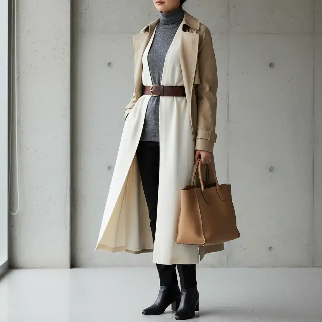 Personne démontrant une superposition équilibrée des volumes avec un trench-coat, un cardigan et une base ajustée, ceinturée pour une silhouette définie.