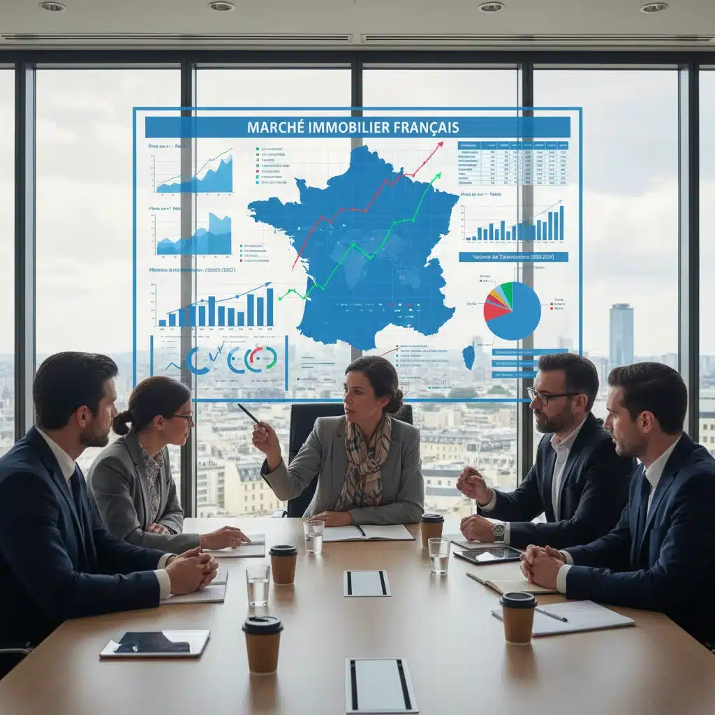 Professionnels de l'immobilier analysant des graphiques de marché, discutant des stratégies pour 2026.