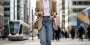 Femme élégante en blazer oversized beige, jean clair et baskets blanches, marchant en ville.