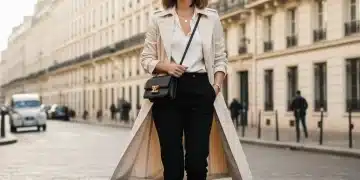 Femme élégante marchant dans une rue parisienne, incarnant le style français impeccable.