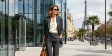 Femme française élégante en tailleur pantalon moderne devant un immeuble de bureaux.