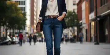 Jean Parfait 2026 : 4 Coupes Incontournables pour Toutes les Silhouettes Femme souriante portant un jean parfaitement ajusté, marchant en ville avec confiance et style.