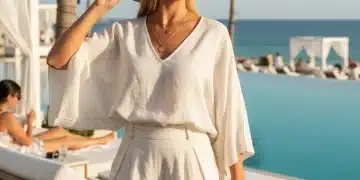 Femme stylée portant des lunettes de soleil carrées oversize, regardant l'horizon sur une plage ensoleillée.
