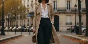 Femme élégante en trench-coat et pantalon noir, incarnant le minimalisme français chic à Paris.