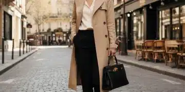 Femme parisienne élégante marchant, portant des chaussures intemporelles et un trench-coat classique, symbolisant le style français.