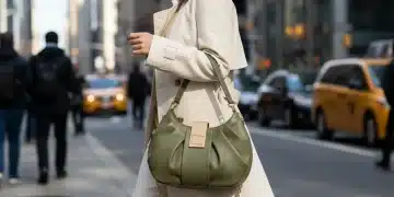 Femme élégante portant un sac à main tendance de la collection 2026 en ville