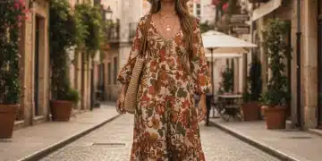 Femme élégante en robe longue fleurie, chapeau et bijoux bohèmes, marchant dans une rue ensoleillée.