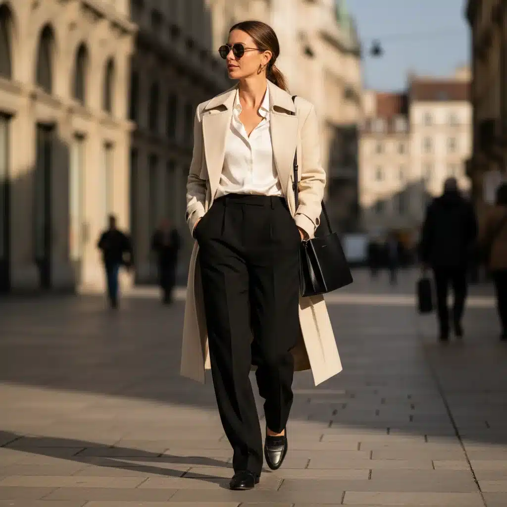 Femme élégante portant une tenue polyvalente issue d'un dressing capsule en milieu urbain
