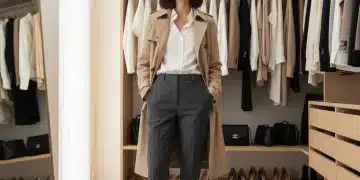 Femme élégante portant un trench-coat classique, symbole d'une garde-robe intemporelle et chic en 2026.