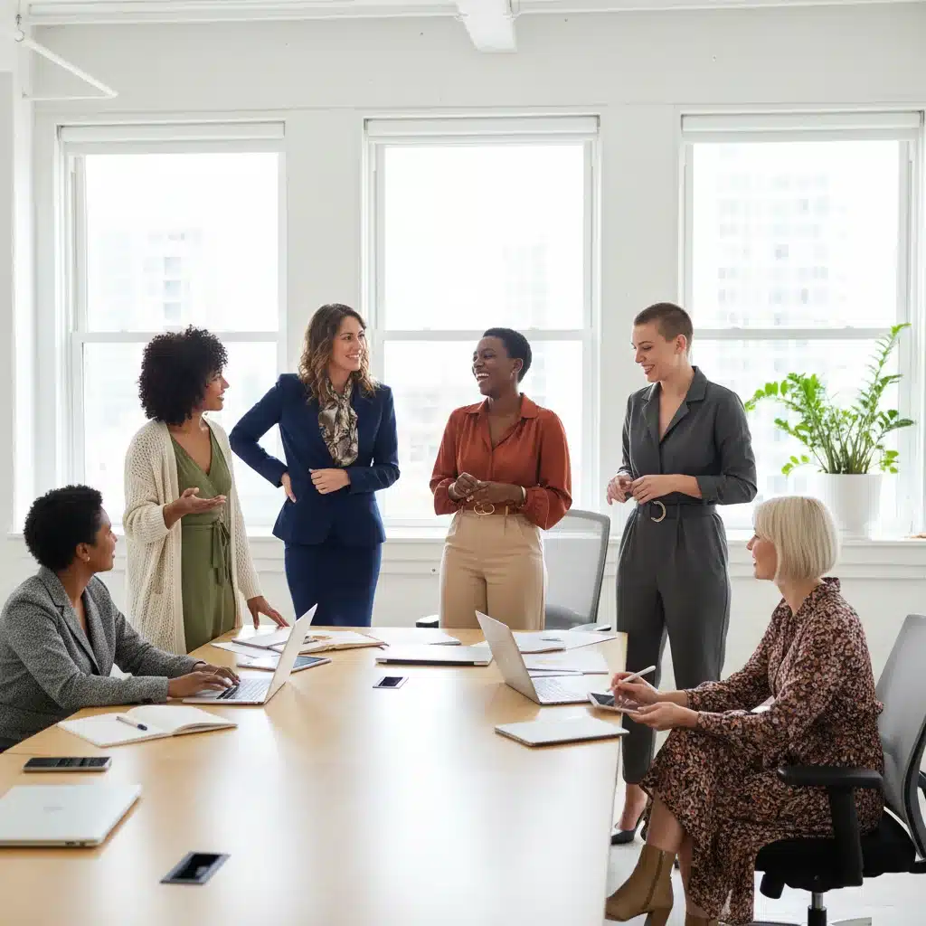 Groupe de femmes professionnelles aux styles variés discutant dans un bureau moderne et lumineux.