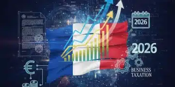 Graphique complexe symbolisant la fiscalité des entreprises en France pour 2026 avec des flèches de croissance et des documents légaux.