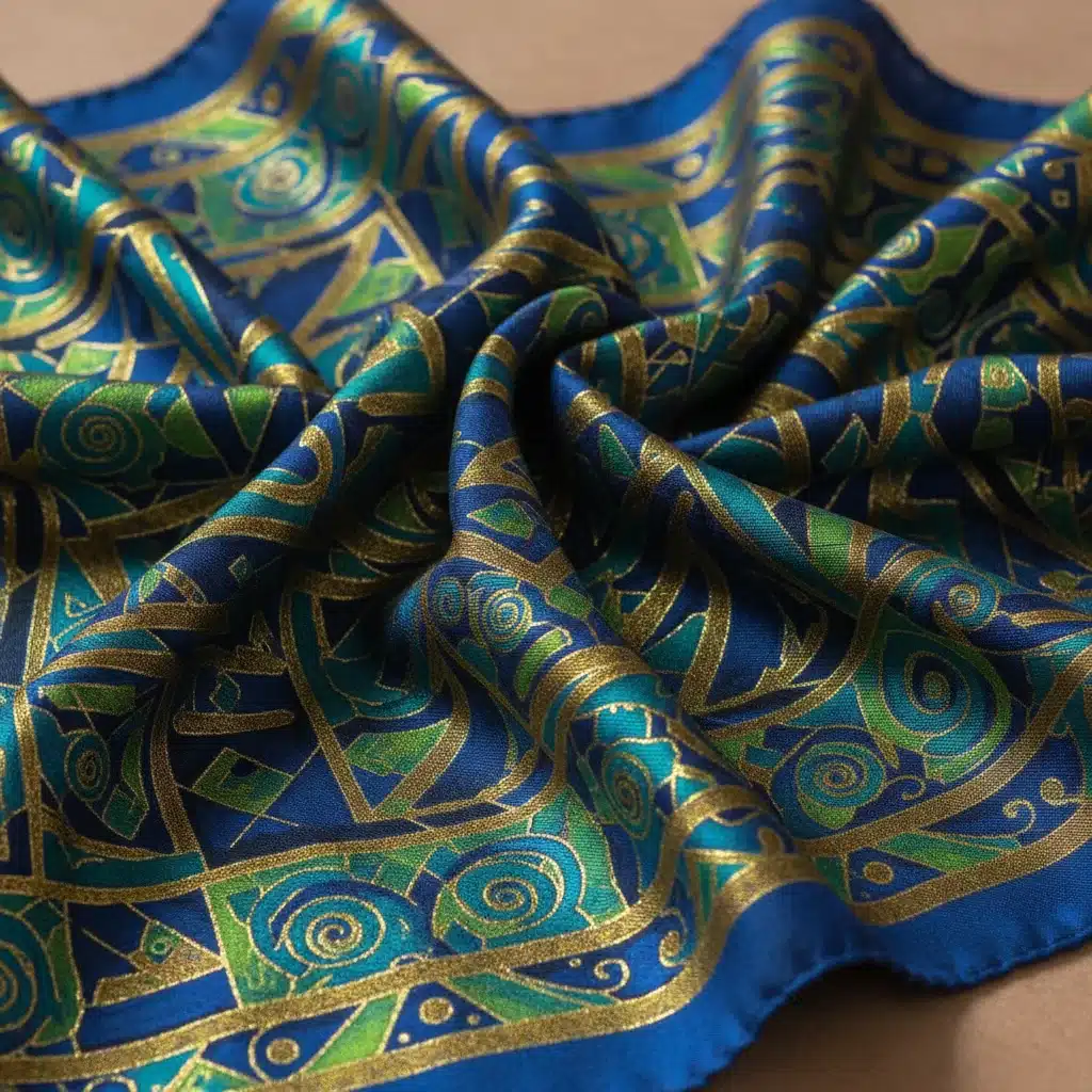 Foulard en soie avec un motif géométrique abstrait, bleu et or, illustrant un imprimé tendance.