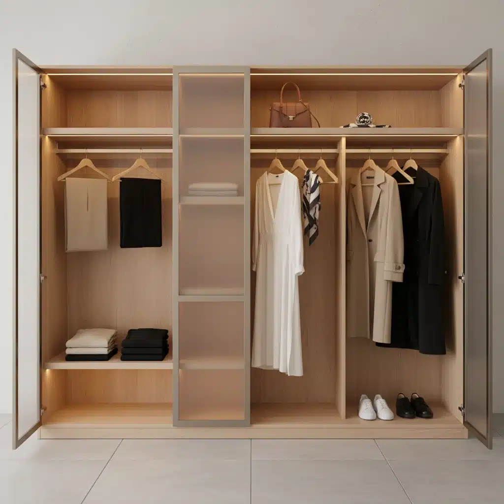 Garde-robe capsule organisée avec des vêtements neutres et intemporels, reflétant le minimalisme.