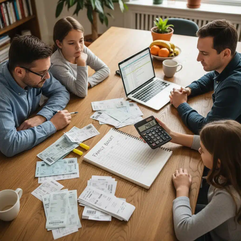 Une famille en train de planifier son budget, avec une calculatrice et des documents, symbolisant la gestion financière face à l'inflation.