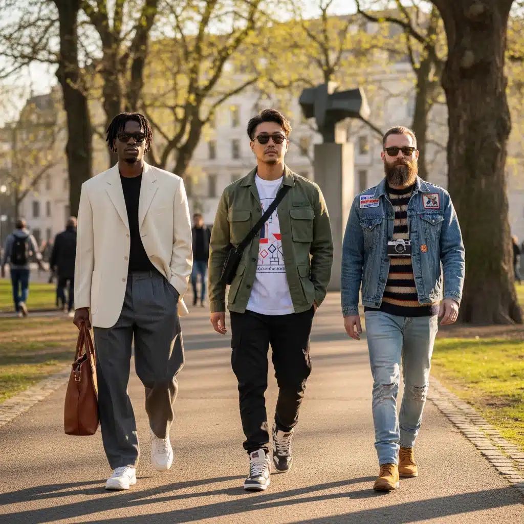 Groupe d'hommes aux styles variés, mélangeant sportswear et vintage, dans un parc urbain, illustrant les tendances 2026.