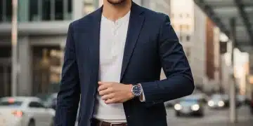 Homem elegante usando relógio, pulseira e cinto, símbolo de acessórios masculinos 2026.