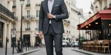 Homme élégant en costume moderne dans une rue parisienne, incarnant la mode masculine 2026.