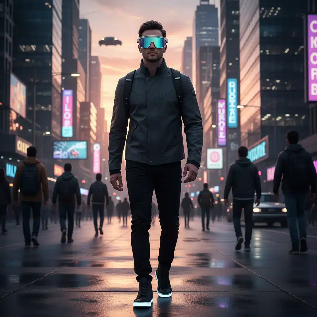 Homme portant des lunettes de soleil futuristes à écran, style rétro-futuriste, en ville.