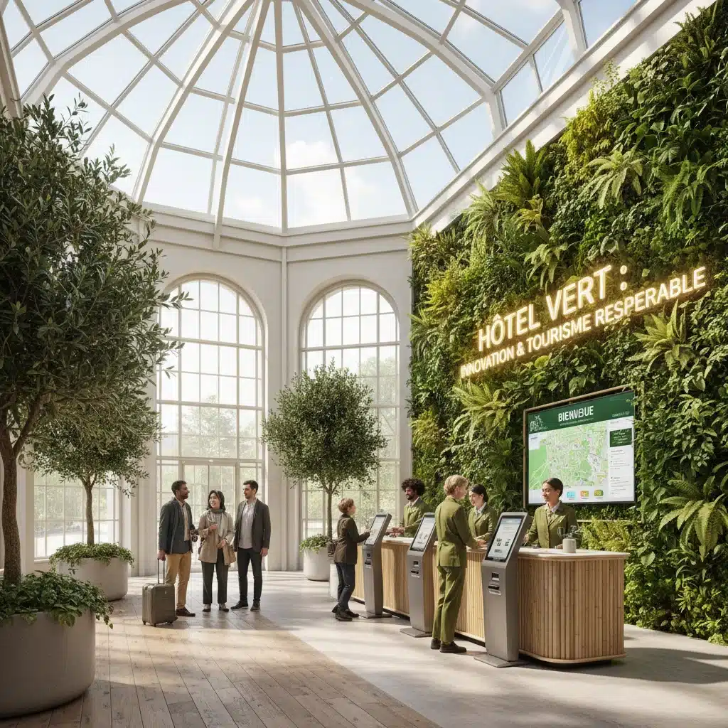 Hall d'hôtel moderne et écologique en France, illustrant l'innovation et le tourisme durable.