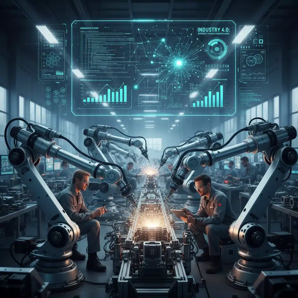 Intelligence artificielle et automatisation transformant les industries, avec des robots et des humains collaborant, soulignant l'impact technologique sur le marché du travail français.
