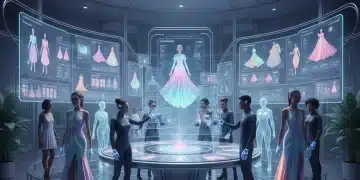 Designers usando inteligência artificial para criar coleções de moda futuristas em um estúdio moderno e vibrante.