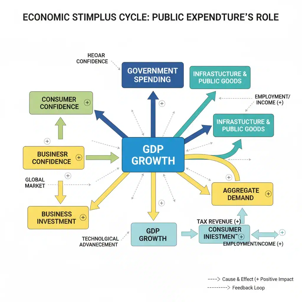 Diagramme économique complexe montrant l'interaction entre les dépenses publiques et la croissance du PIB.