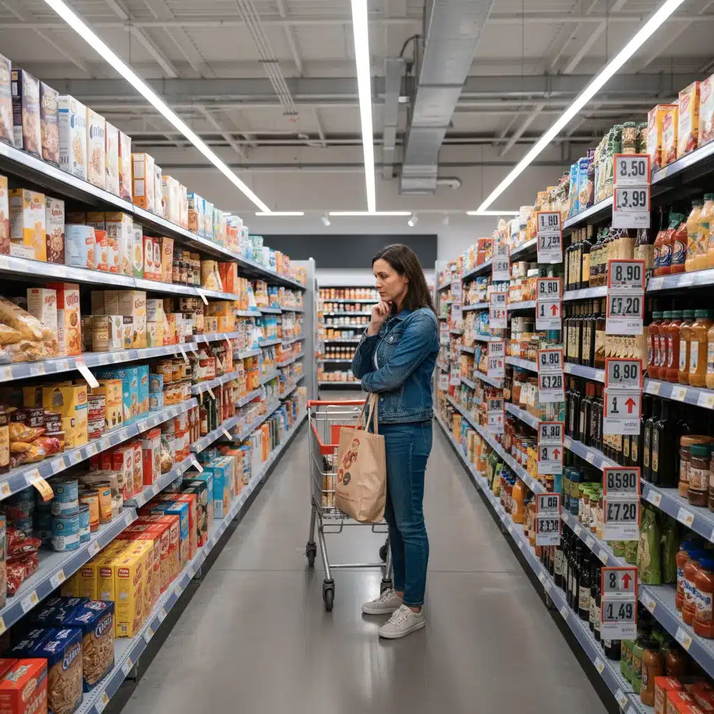 Un consommateur examinant attentivement les prix en supermarché, illustrant l'impact de l'inflation sur les achats quotidiens.