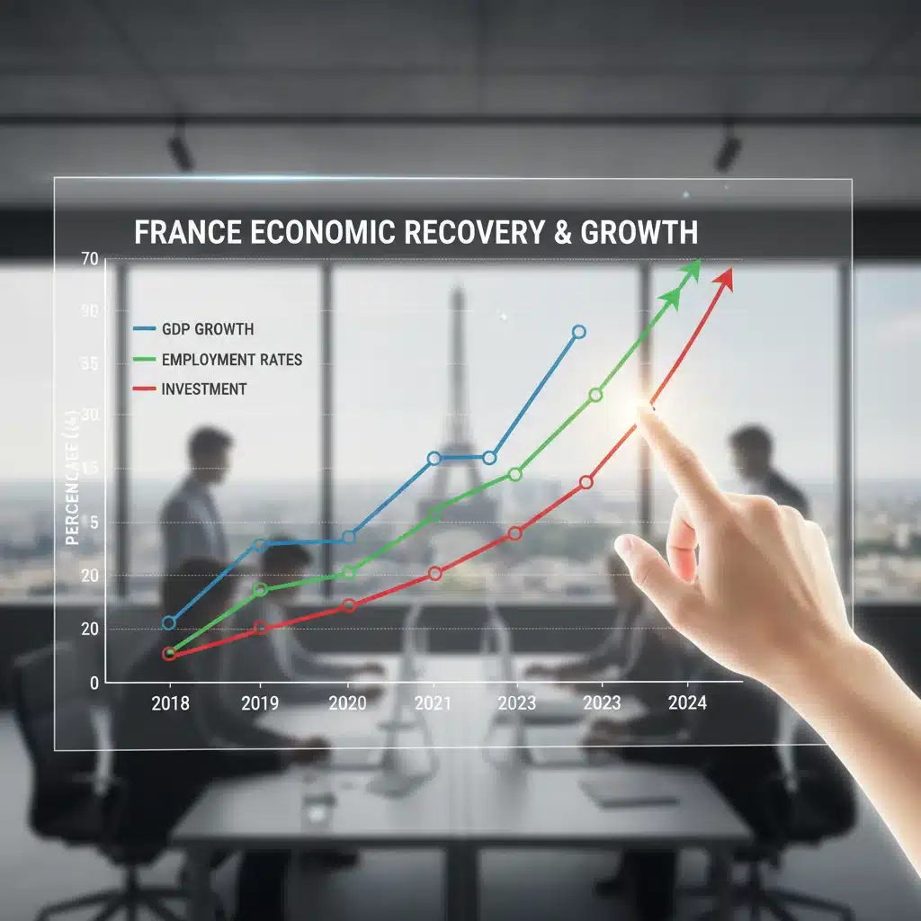 Graphique des indicateurs économiques français en hausse, symbolisant la croissance et la reprise économique.
