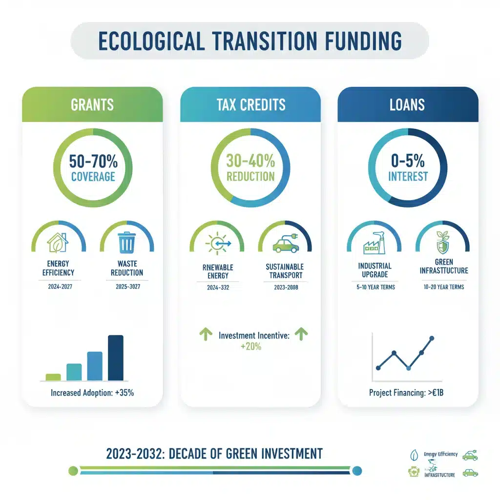 Infographie détaillant les différentes catégories d'aides de l'État pour la transition écologique des entreprises