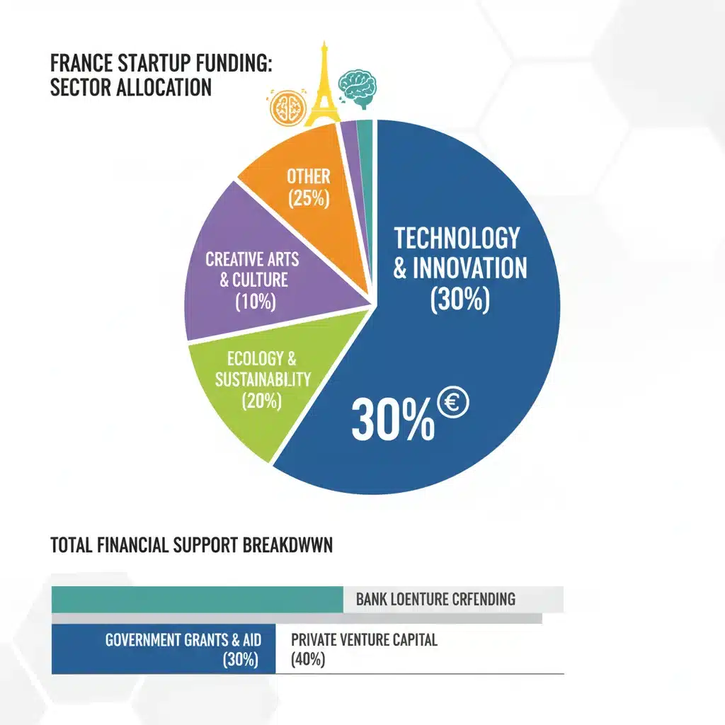 Infographie détaillant la répartition des aides financières de l'État pour les startups en France, incluant le soutien de 30%.