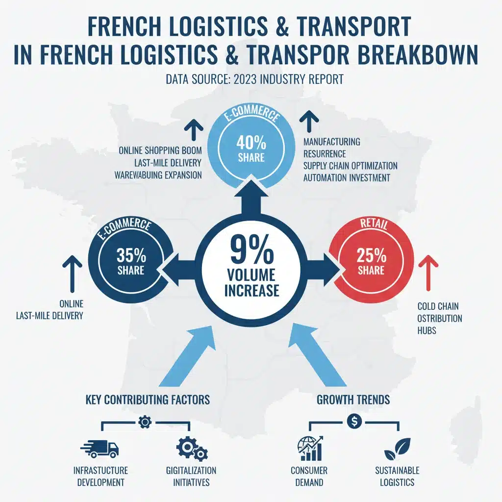 Infographie détaillant l'augmentation de 9% des volumes logistiques en France, par secteur et facteurs clés.