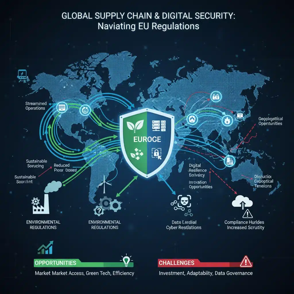 Infographie montrant les chaînes d'approvisionnement mondiales et la cybersécurité, reflétant les défis réglementaires de 2026.