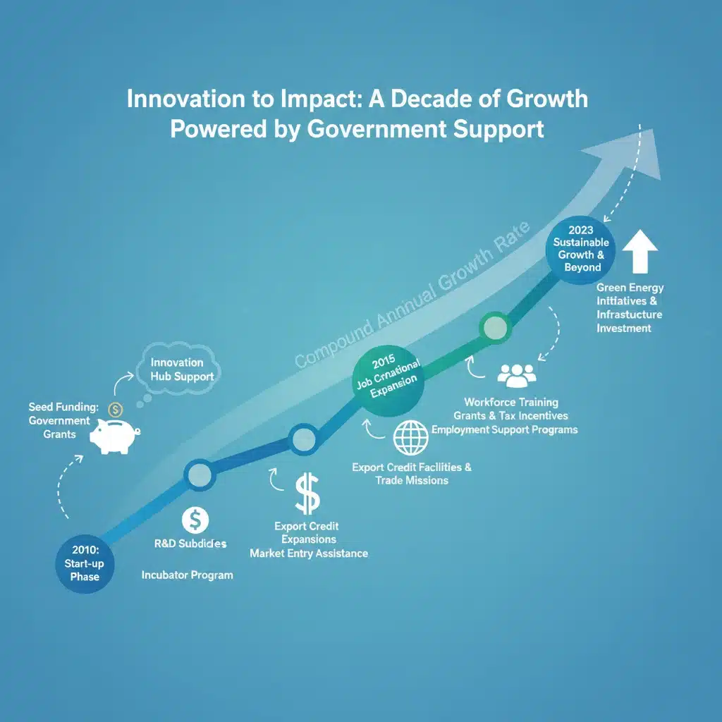 Infographie illustrant la croissance d'une entreprise et les étapes clés de son développement grâce aux aides d'État.