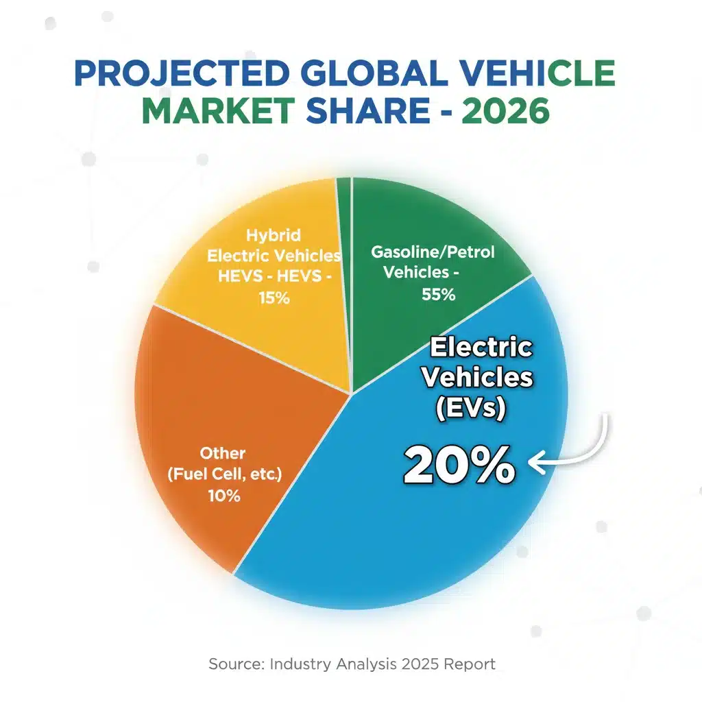 Infographie illustrant la part de marché des véhicules électriques en 2026, soulignant les 20%.
