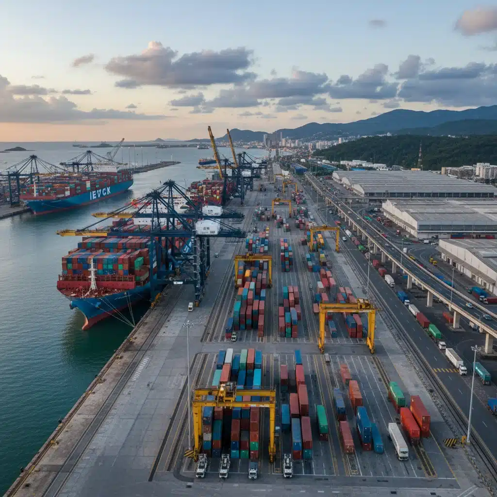 Porto brasileiro movimentado com grandes navios e guindastes, simbolizando a eficiência da logística e infraestrutura do comércio exterior.