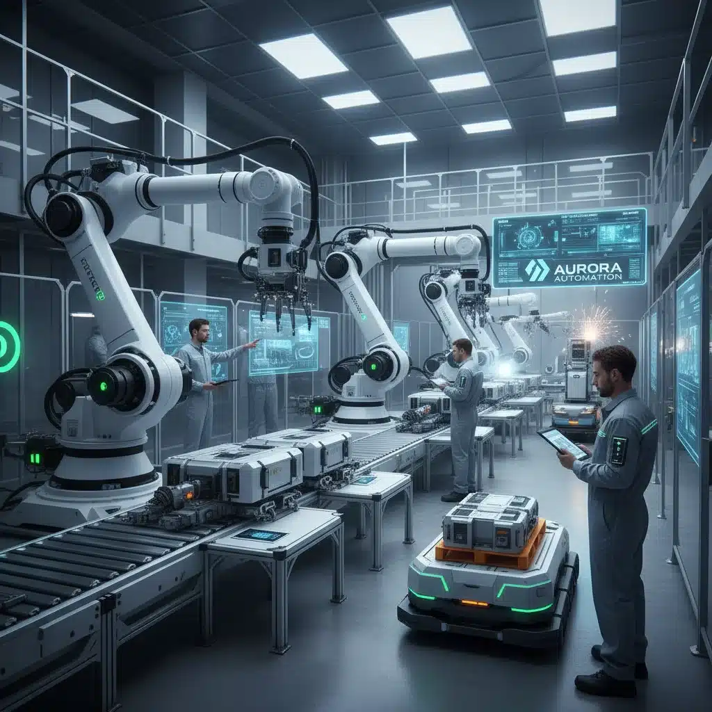 Usine moderne avec robots et ouvriers, symbolisant l'innovation industrielle