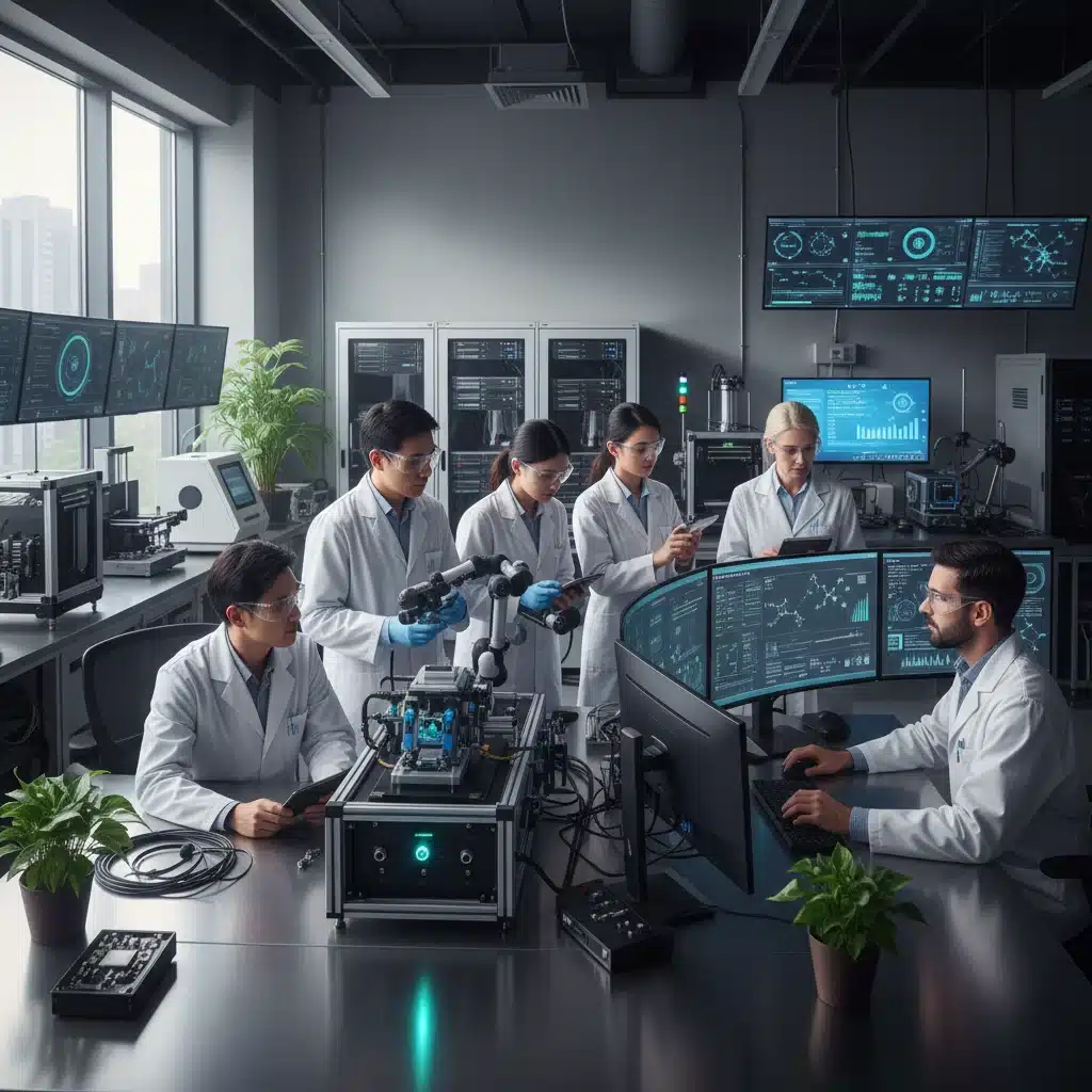 Équipe d'ingénieurs et chercheurs travaillant sur un projet d'innovation en laboratoire, financé par des aides d'État.