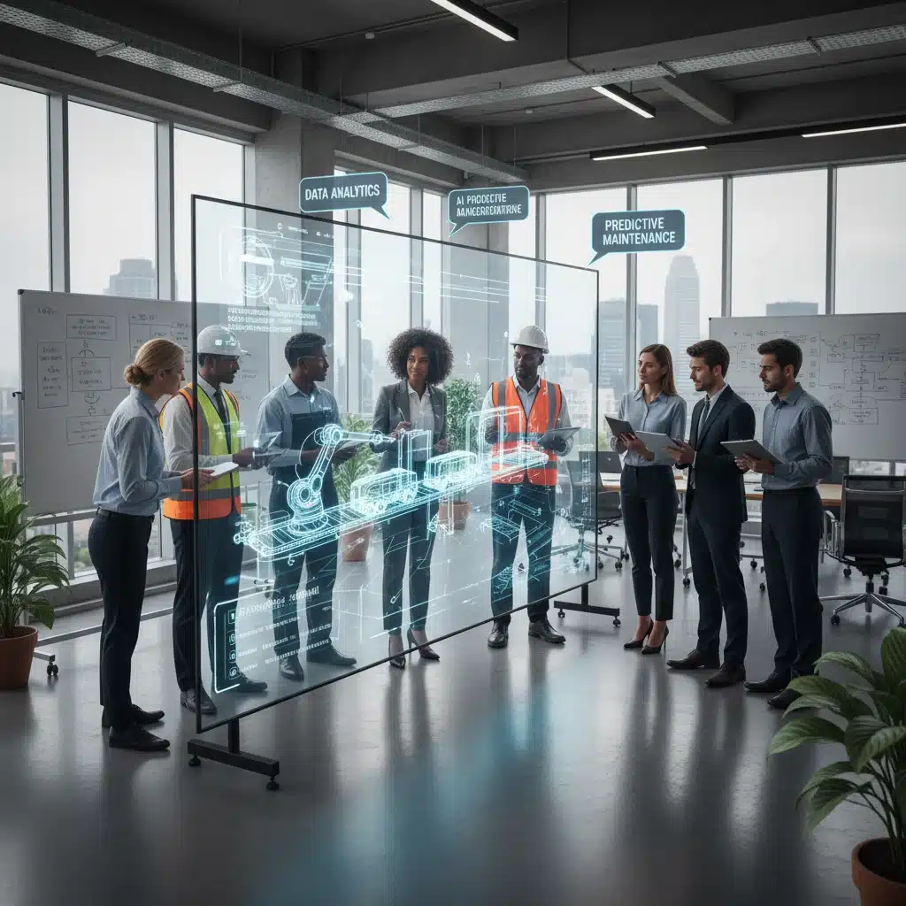 Équipe d'ingénieurs et techniciens français collaborant sur une simulation numérique, illustrant l'innovation et la recherche et développement.