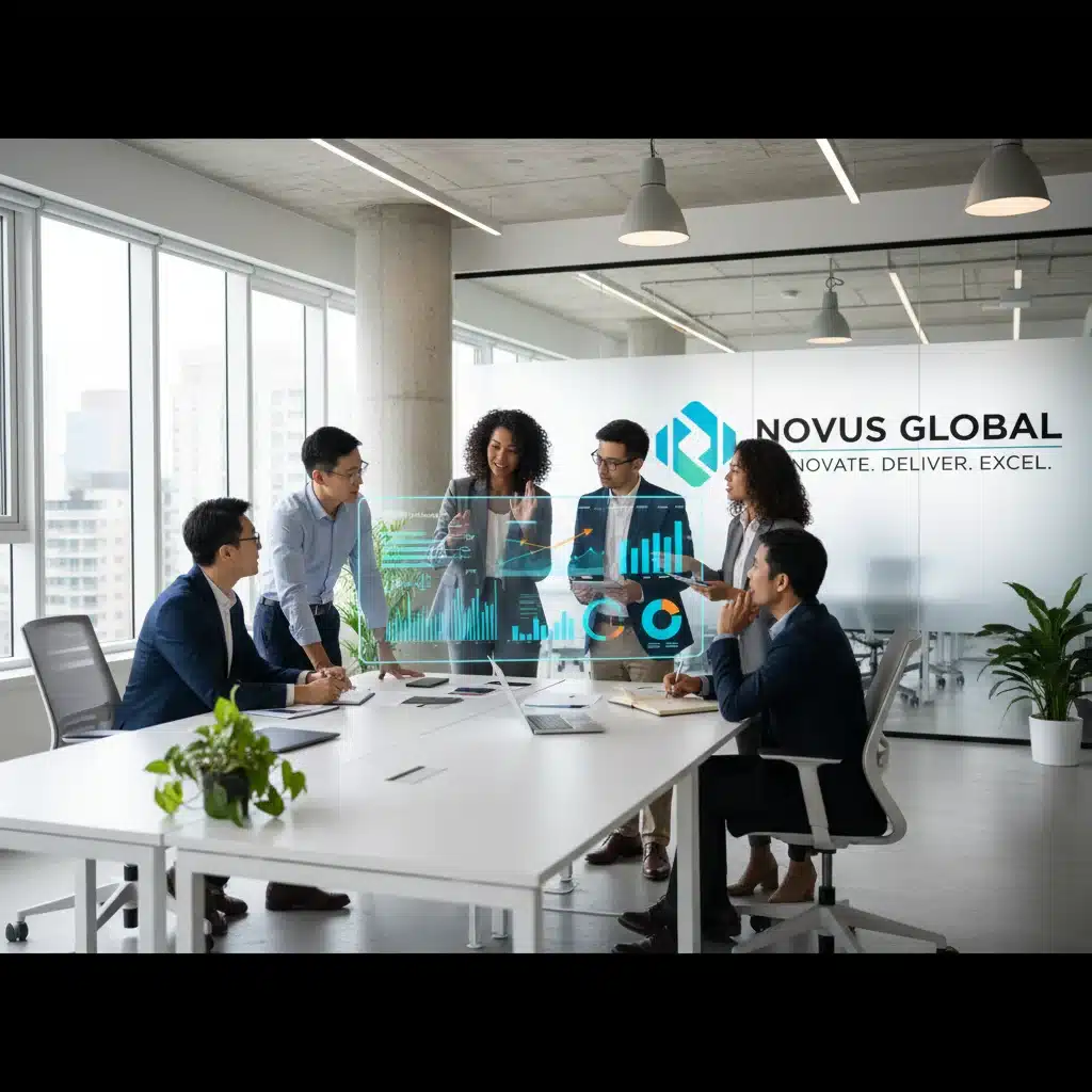 Professionnels collaborant dans un bureau moderne, symbolisant l'innovation dans les services et la technologie.