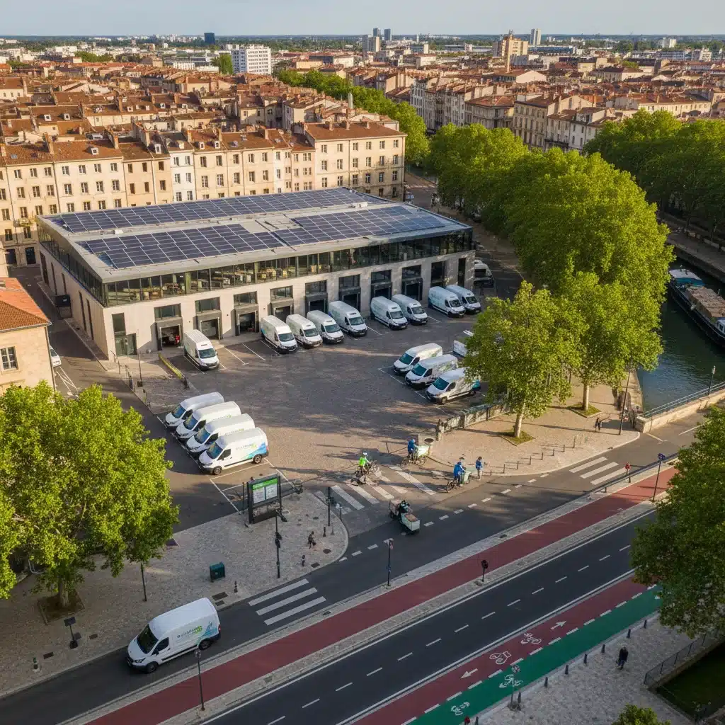 Opération de livraison du dernier kilomètre en ville française avec véhicules électriques et vélos cargo, soulignant la durabilité.