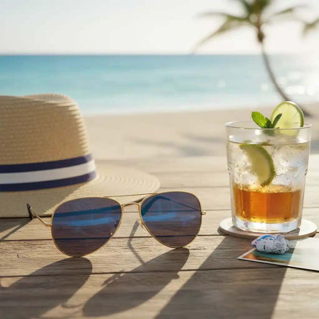 Gros plan sur des lunettes de soleil aviateur classiques polarisées, posées sur une table en bois avec un chapeau d'été.