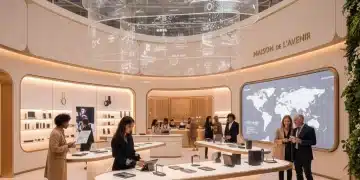 Intérieur de magasin de détail français moderne avec clients et technologies innovantes