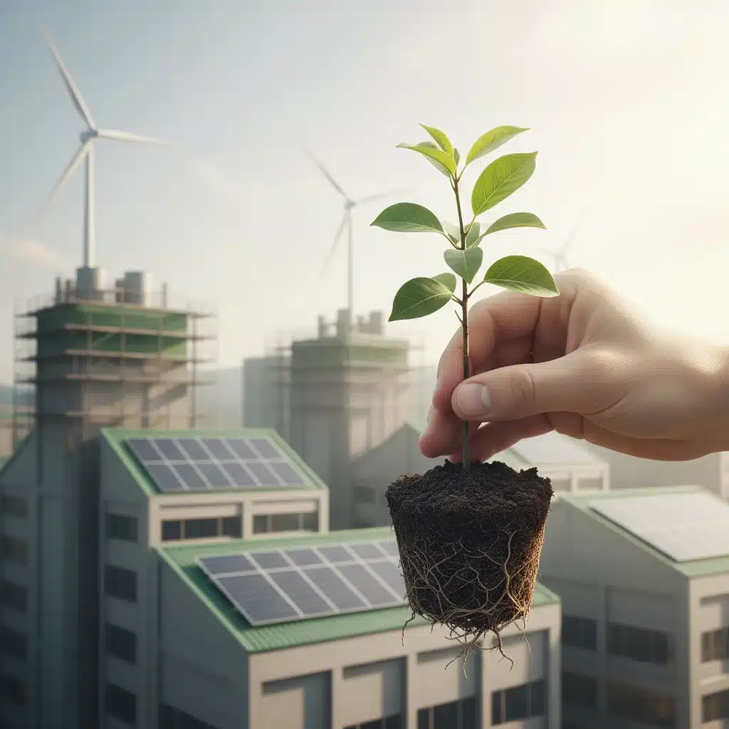 Main plantant un jeune arbre devant une usine modernisée pour la durabilité