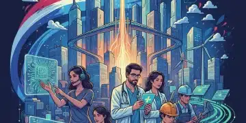 Illustration dynamique du marché du travail français en 2026, avec des professionnels dans des secteurs clés comme la technologie et la santé, symbolisant l'innovation et la croissance de l'emploi.