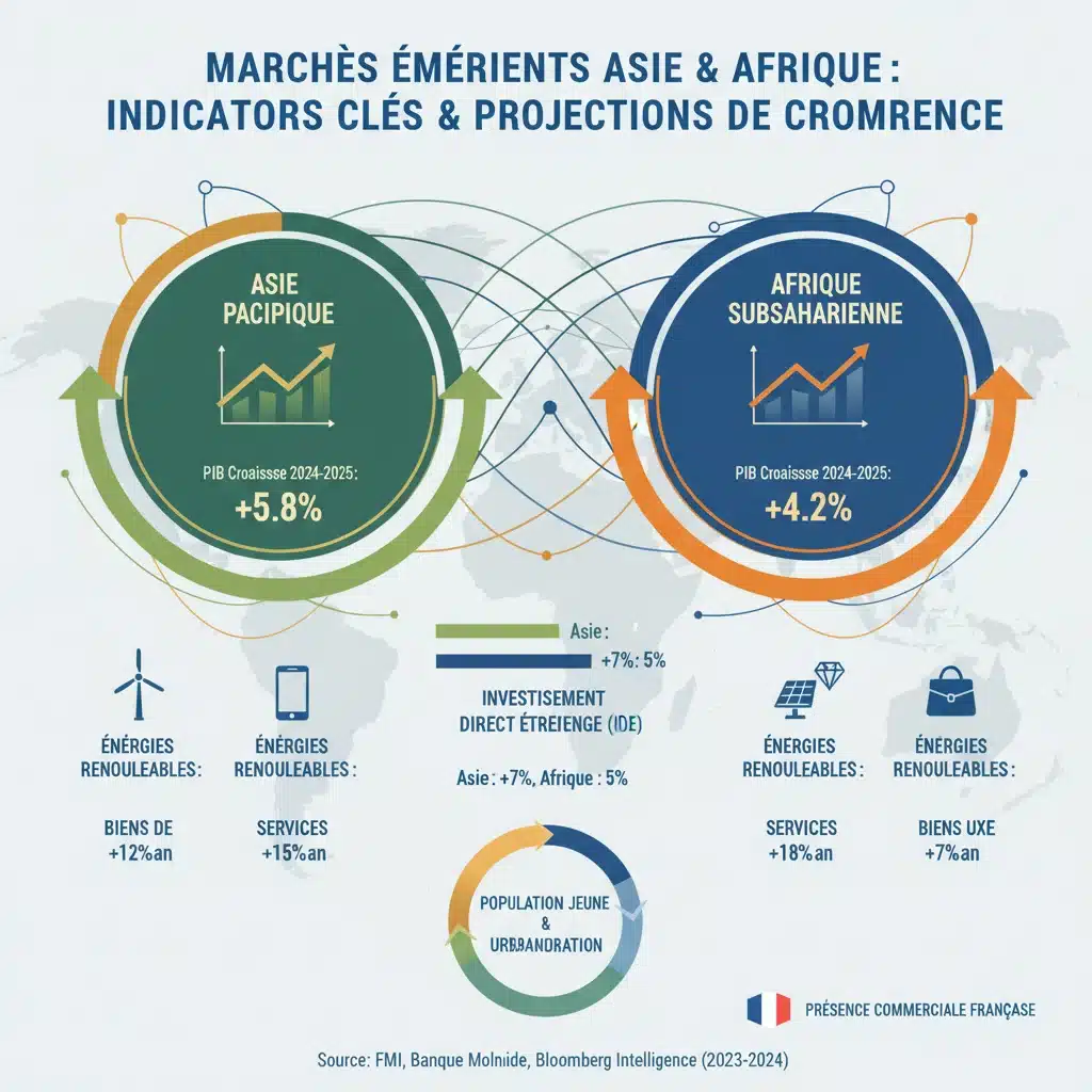 Graphique illustrant les prévisions de croissance économique des marchés émergents en Asie et en Afrique, avec un focus sur les secteurs porteurs pour les entreprises françaises.