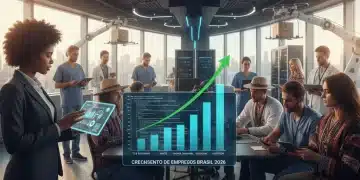 Profissionais diversos em um ambiente de trabalho moderno, simbolizando o crescimento do mercado de trabalho brasileiro até 2026.